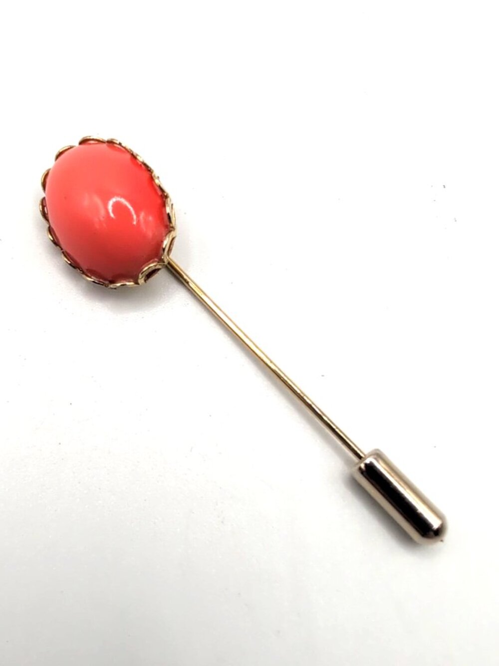 Vintage Gold Tone Stick Pin with Coral Color Cabochon 2.25" Long Unbranded VGC